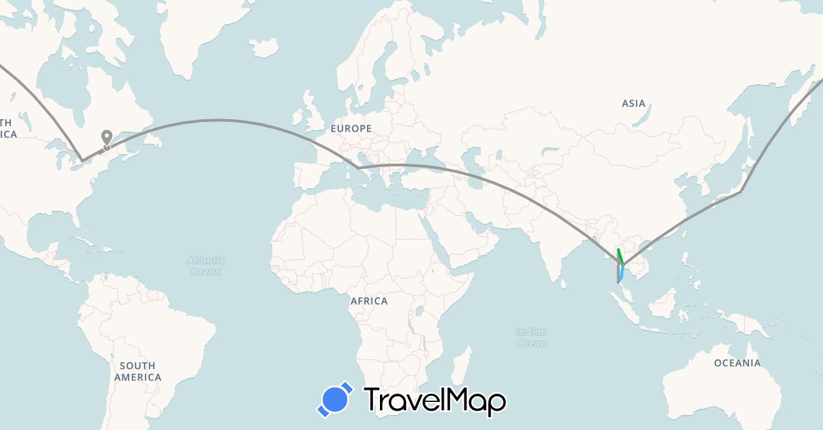 TravelMap itinerary: driving, bus, plane, boat in Canada, Italy, Japan, Thailand (Asia, Europe, North America)
